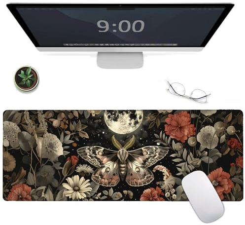 MIEPOS Moth Large Gaming Mouse Pad,Moon Night Desk Mat,31.5x11.8x0.12in Extended Non-Slip Rubber Mystical Botanical Mousepad,Computer Deskmat Gifts,Laptop Mice Pads Decor for Home Office
