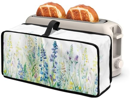 NETILGEN Blå grön blommig köksapparat 2 skivor smal brödrost dammskydd med handtag, fläckbeständigt dammskydd brödmaskinskydd för långspår brödrost apparat