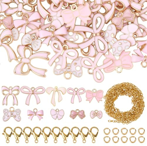 SUNNYCLUE 1 boîte de 50 breloques en Émail en Forme de Nœud Papillon Pendentifs Mignons en Forme de Nœud Rose avec 50 anneaux Ouverts 50 fermoirs Mousquetons Chaînes de 1 m pour la Fabrication de Bijo
