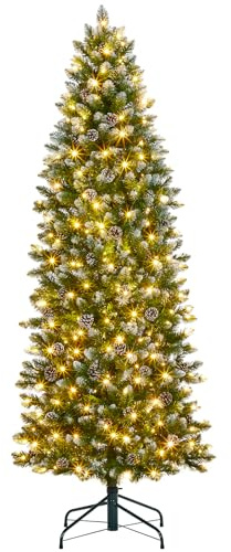 180cm künstlicher Weihnachtsbaum Schmal mit Beleuchtung, Vorgeleuchteter Weihnachtsbaum Künstlich Bleistift mit Zapfen, Nadeln und warmweißer 250 LED, ca. 700 Spitzen