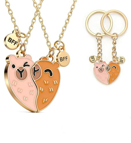 Realjoy 2 stycken Capibara Vänskap Halsband + 2 Capibara Nyckelringar, Bästa Vänner Halsband för 2 Flickor med 2 Smyckeskrin Presentaskar, Födelsedagspresenter för Kvinnor