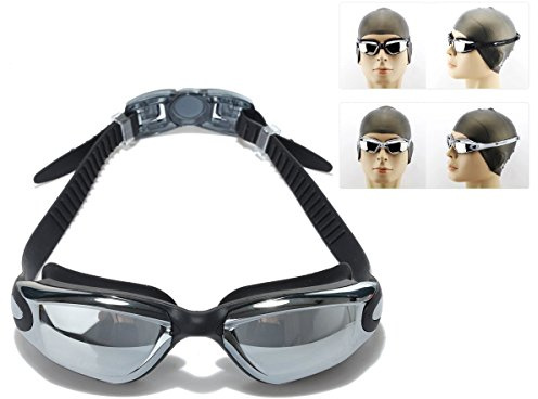 Itian Lunettes de Natation avec Réglage Silicone Head Strap - Anti-Brouillard, étanche, Protection UV - Idéales pour Hommes, Femmes et Enfants (Noir)