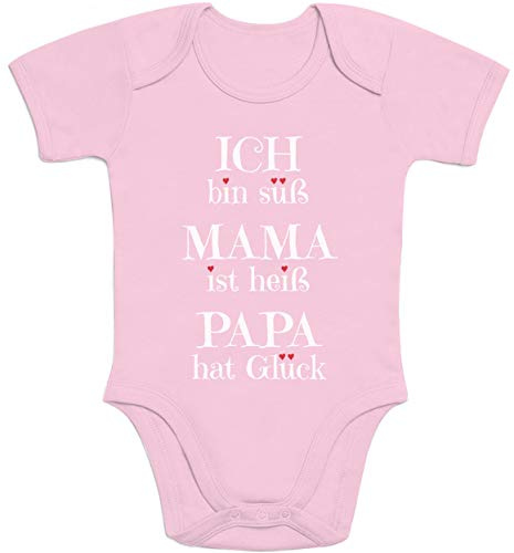 Süßer Spruch Ich Bin süss, Mama ist heiß, Papa hat Glück Baby Body Kurzarm-Body, Rosa, Neugeboren