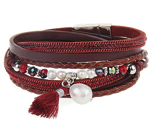 Cheerlife Damen Wickelarmband mit Perlen Quaste Anhänger Flechtelement Leder Armband in viele Farben (Rot)