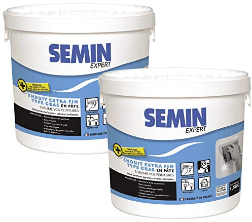 SEMIN Enduit de Lissage Extra Fin 2 X 1,5 kg – Type Gras Sans Solvants – Prêt à l’Emploi – Finition Ultra Lisse Avant Peinture – Intérieur/Extérieur – Qualité Professionnelle