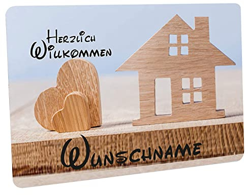 Crealuxe Fussmatte mit Wunschtext/Wunschname Herzlich Willkommen - Motiv (Holz) Herz & Haus - 60x40 cm - Gummi Rückseite/rutschfest - Filzoberfläche - Bedruckte Türmatte - Innenmatte