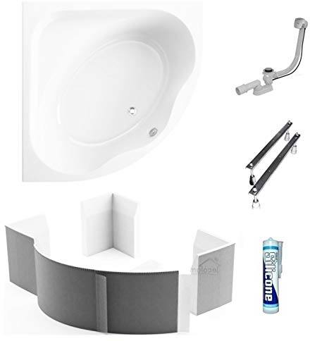 ECOLAM® symmetrische Badewanne Eckwanne Standard Polimat 150x150 cm Acryl weiß + Wannenträger zum Verfliesen Ablaufgarnitur Ab- und Überlauf Automatik Füße Silikon Komplett-Set