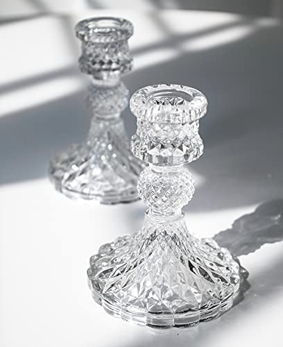 Juego de 2 portavelas cónicos, portavelas de Cristal Transparente para Velas de 0.8 Pulgadas, Soporte Decorativo de Cristal de 4 Pulgadas de Alto para Mesa, Boda, Comedor, Fiesta