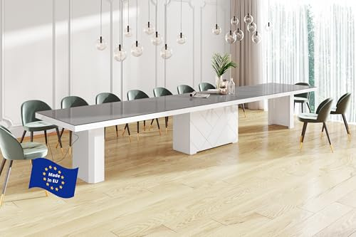 Design Esstisch HEK-111 Grau Hochglanz / Weiß Hochglanz ausziehbar XXL 180 cm bis 468 cm Esszimmertisch für 16 Personen Kitchentable Funktionstisch Ausziehtisch Esszimmer Tisch Esszimmermöbel