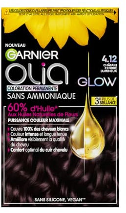 Garnier Coloration Permanente - Sans Ammoniaque - Aux Huiles Naturelles de Fleurs - Châtain Cendré Lumineux (4.12) - Olia Glow