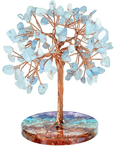 Nupuyai Aquamarine Crystal Money Tree with 7 Chakra Base, Energy Healing Good Luck Tree Figurines Fengshui Crystals Ornament for Home Office Decor