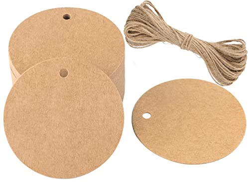 G2PLUS 50 Stk. Braun Geschenkanhänger, Rund Anhänger Etiketten, 5.5 CM kraftpapier Etiketten Tags mit Jute-Schnur, Blanko Papieranhänger für Art & Craft Projekt