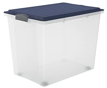 Rotho Compact Aufbewahrungsbox mit Deckel 70 L stapelbar transparent/blau | Aufbewahrungsboxen, Stapelboxen mit Deckel, Rollen, sicher verschließbar, platzsparend, pflegeleicht, transparent/blau