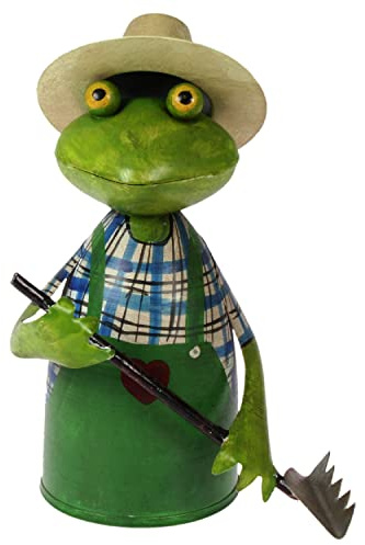 Lenzbach Zaunhocker Frosch Gärtner mit Rechen 22 cm Figur aus Blech Metall Garten Harke Pflanzenliebhaber Deko Garten Balkon Dekofigur Pfostenhocker Froschkönig