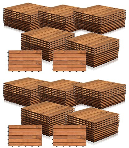 Yakimz Lot de 110 dalles en bois d'acacia - 30 × 30 cm - 1 m² par carrelage de sol - Revêtement de sol extérieur et intérieur - Balcon avec système de drainage et système de clic - Marron