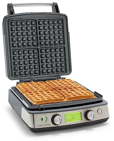 GreenPan Elite 4-Square Belgian & Classic Waffle Maker,Healthy Ceramic Nonstick Dishwasher Safe Plate, Adjustable Shade/Crunch Control, Wont Overflow, Easy Clean, Breakfast,PFAS-Free,Graphite
