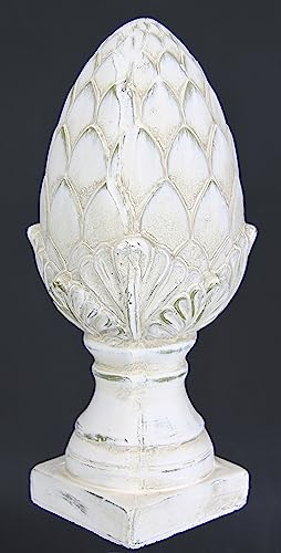 Dekoobjekt Zapfen dekorativer Pinien-Zapfen Deko-Zapfen auf Fuß Altweiß Creme in eleganter Shabby Landhaus-Optik Keramik-Zapfen Gartenfigur Geschenk Gartendeko Artischocke, 33 cm