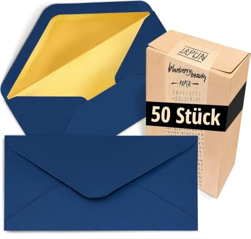 Japun - 50 Briefumschläge DIN lang, 220 x 110 mm, innen Gold, außen blau | Kuvert mit Gold-Inlay aus 140 g/m² Papier, Umschlag mit Nassklebung ohne Fenster, für Einladungen zum Beschriften & Bedrucken