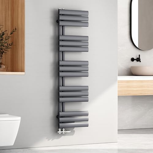 EMKE Ovaler Handtuchheizkörper 1430x400 mm, Badheizkörper Handtuchhalter mit Seitenanschluss, Handtuchwärmer & Handtuchtrockner in Anthrazit 510W