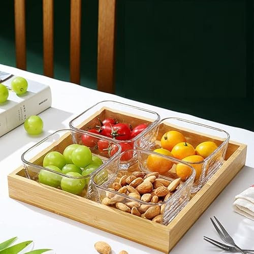 Red-Rubby Wooden Tray with Glass Bowls Set of 4 PC for Serving Dry Fruit, Sweets, Chips, Cookies Other Snacks, Decorative Plate for bar Table Party Home Restaurant