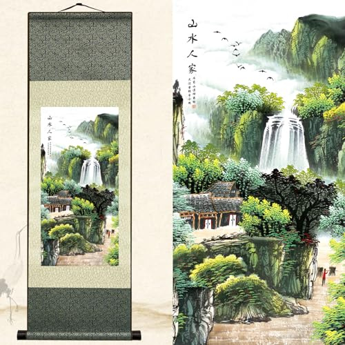News Asiatische Wandkunst für Wohnzimmer, vertikale Wandrolle, Seidenrolle, Malerei, Landschaftsmalerei, Kunstposter – Zuhause eingebettet in die Natur, orientalische Chinoiserie-Dekoration