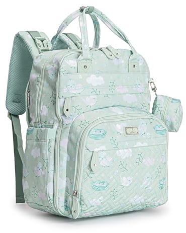 BabbleRoo Baby Changing Bag Backpack with Changing Mat & Pacifier Holder for Mom & Dad (Green Birdy)