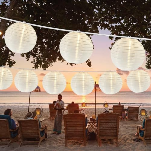 Cbebew 25 FT White Lantern String Lights, Chinese Lanterns with 10 LED G40 Light Bulbs, Plug-in Outdoor String Lights for Wedding Home Party Patio Garden Porch Backyard Cafe Decor