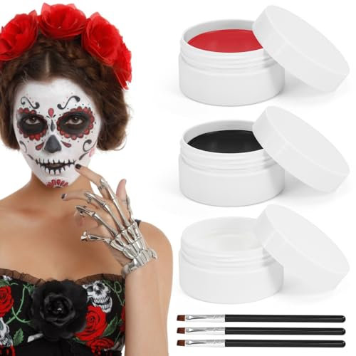 Maquillaje Halloween, 150g Pintura Cara Halloween, Maquillaje Blanco Negro Rojo, Pintura de Vampiro Zombie Payaso Fantasmas Esqueleto, Makeup para Teatral Halloween Carnaval Fiesta