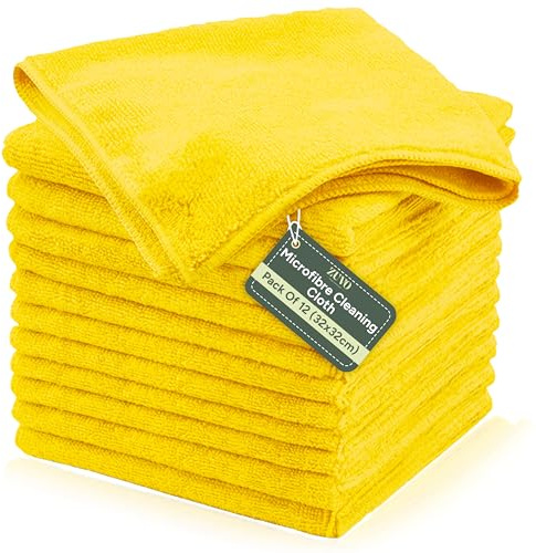 Zuvo Microfibre Cleaning Cloths, 12 Pack, Lint-Free, 32x32cm, Yellow | Reusable microfibre fabric, for kitchen, car, glass and dusting, machine washable, highly absorbent
