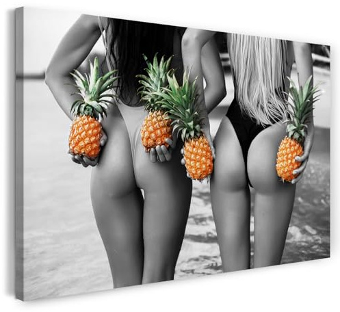 Printistico Leinwandbild (40x30cm) Fotografie - Frauen am Strand mit Ananas Früchten, echter Holz-Keilrahmen inkl. Aufhänger, handgefertigt in Deutschland
