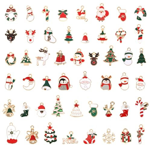Amabro Lot de 50 pendentifs de Noël en émail - Petit pendentif de Noël - Breloques d'arbre de Noël - Mini sapin de Noël - Décoration de Noël pour cadeaux, Zinc, Mini breloques de Noël mignonnes