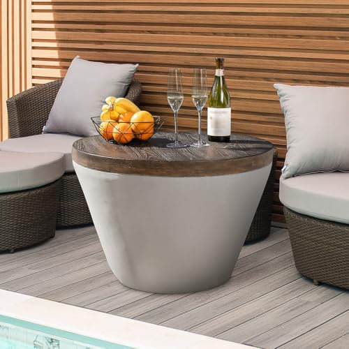 Moderner Couchtisch aus Beton, rund, 78,7 cm, mit Holzplatte, für drinnen und draußen, Wohnzimmer, Schlafzimmer, Garten, Hinterhof, stilvolles Trommeldesign