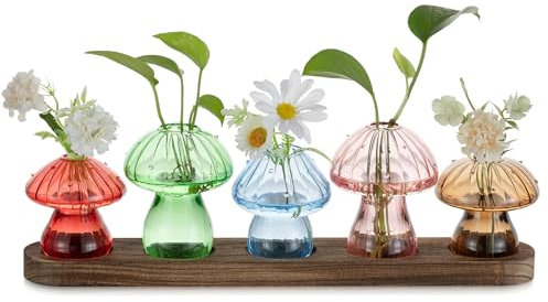 Glasseam Mushroom Propagation Station for Home: Small Glass Vase Set of 5 Plant Terrarium with Wooden Stand - Cute Flower Vases for Decor Indoor Living Room Kitchen Office Table Window