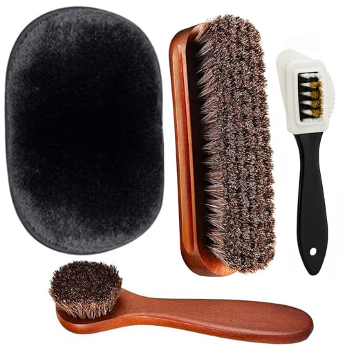 Shoe Brush Set - Horse Hair Shoe Brush for Shoe Shine Polish Buff - 3 Pcs Shoe Polishing Brushes + 1 Pcs Nubuck And Suede Multifunctional 4-Sided Cleaning Brush + 1 Pcs Polish Cloth Glove (Black)