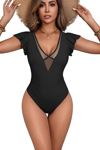 AI'MAGE Damen Einteiliger Badeanzug V Ausschnitt Bademode Schwimmanzug Bauchweg Push Up Swimsuit High Waist, Schwarz, XL