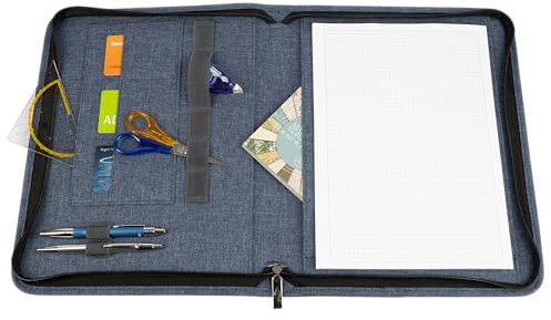 WEDO® Carpeta A4 denim con cremallera, color azul, 3 ranuras para tarjetas, ranuras con banda elástica para bolígrafos, bolsillo grande detrás de la superficie de escritura, pequeño compartimento para