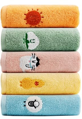 TONWHAR 100% Cotton Kids Facial Towels, Multicolor Fingertip Towels Children Wash Cloths for Hand, Face, Shower (Set of 5)