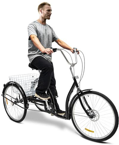 Kanbihao 26 Zoll Dreirad für Erwachsene, 6 Gänge 3 Rad Fahrrad mit Einkaufskorb, Schwarz Schaltung Cityräder Lastenfahrrad für Einkaufen Picknick Erholung