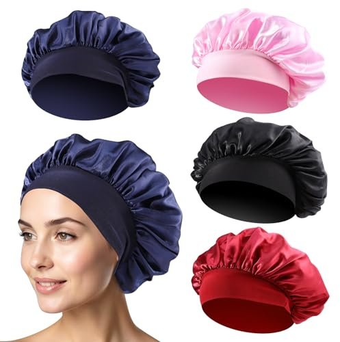 Lot de 4 bonnets en soie pour dormir, bonnet de nuit en soie douce et satin pour femme, bonnet en soie respirant pour la nuit, Durchmesser: ca. 31 cm