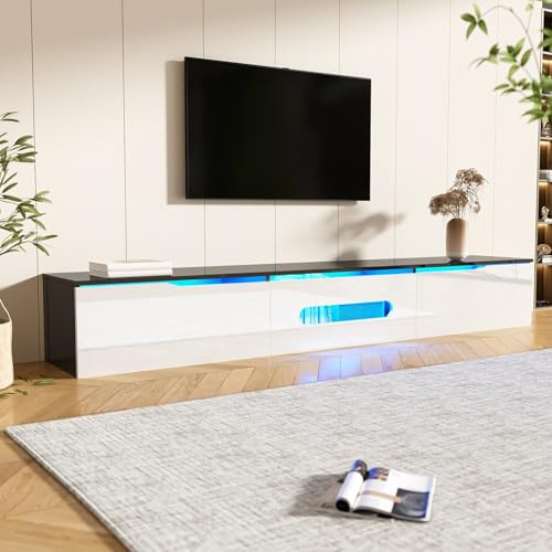 PUGSDRLY Meuble TV Bas avec 3 Compartiments de Rangement,Meuble TV Moderne avec lumière LED changeant de Couleur,180x35x30cm (Blanc+Noir,Trou Ovale)