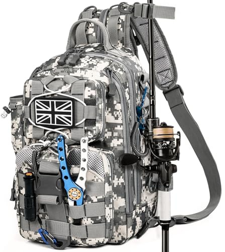 OUUTMEE Sac à Dos de Pêche avec Support de Canne à Pêche, Sac de Pêche Portable en Bandoulière, Sac de Pêche Imperméable et Multi-Poches pour Pêche, Randonnée et Voyage (Camouflage)