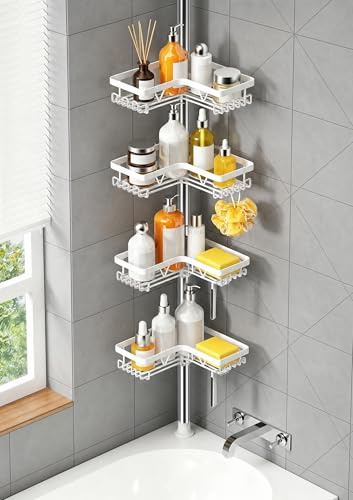 KEGII Étagère de Douche 4 Étages Blanc Brillant - Support Télescopique 63.5-290 cm Sans Percage, Organisateur de Salle de Bain avec Paniers à Crochets, Porte-Savon et Rasoir