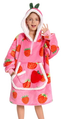 OLAOLA Erdbeere Decken-Hoodie für Kinder, Weiche Kuscheldecke Unisex | Süßes Erdbeer-Muster für Kinder. Kuschelweiche Decke mit Ärmeln und Kapuze, das perfekte Wärmegeschenk für kleine Mädchen.