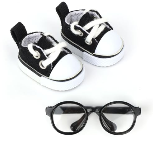 Mikovivi 2 Pezzi di Scarpe e Occhiali per Bambola 17 cm, Mini Scarpe da Ginnastica Casual in Tela con Lacci alla Moda e Occhiali da Vista Accessori per Abiti Bambola Carini (Nero)