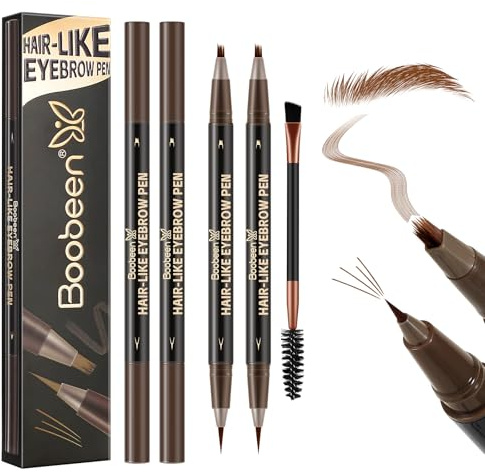 Boobeen 2er-Set Wasserdichter Augenbrauenstift, Doppelseitiger Eyeliner Microblading-Augenbrauenstift für Frauen, Langlebiger, haarähnlicher Brauenstift mit Augenbrauenbürste, Dunkelbraun