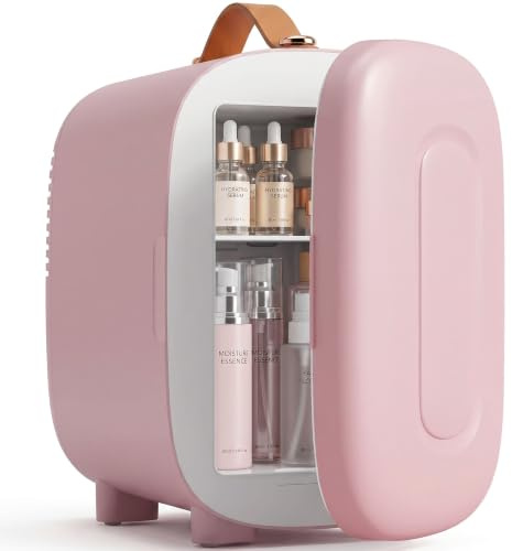 HOMCOM Mini Kühlschrank 4 L mit Kühl- und Heizfunktion Tragbar Rosa | Kleiner Kosmetikkühlschrank, Schönheitskühlschrank für Kosmetik, Getränke, Obst