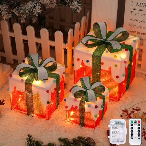 Arespark Boîtes à Cadeaux Lumineuse de Noël, Lot de 3 Boîtes à Cadeaux à LED, Lumière de Noël 8 Modes avec 50 LED, IP44 Boite Lumineuse Noel, Décoration de Noël, pour Sapin de Noël