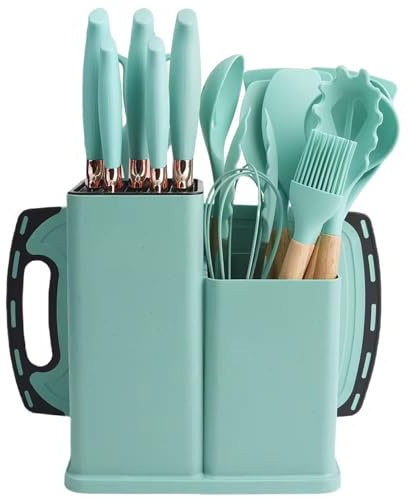 19 PCS Silicone Kitchen Utensils Set | Non-Stick, Heat-Resistant Cooking Utensil Set | Silicone Spatula, Spoon, Tongs, Ladle Set with Utensil Holder | Kitchen Accessories with Wooden Handles (Blue)
