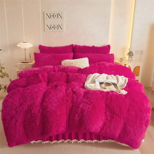 HAIHUA Fluffy Hot Pink Comforter Cover Full Size Set, Soft Furry Plush Hot Pink Bedding Full Size 3 Pieces (1 Fuzzy Duvet Cover + 2 Faux Fur Pillow Cases) Fluffy Bed Set, Zipper Closure