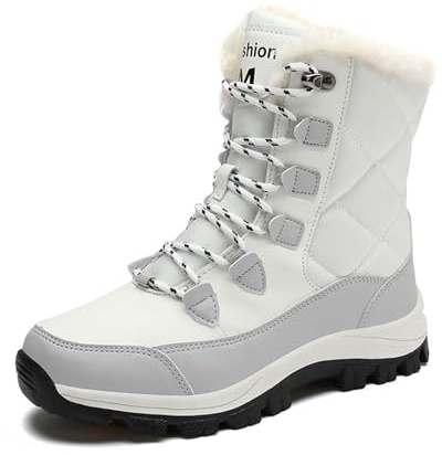 Generisch 2026 Women's Winter Snow Boots Calf Length Lace Up Lined Warm Comfortable Outdoor Walking Hiking Leisure, White, 9 UK
